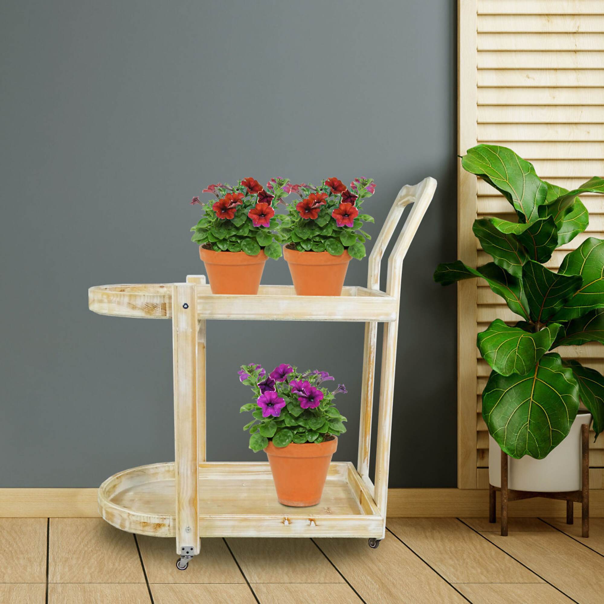 Alpine Corporation, Wooden 2-Tier Push Cart Storage with Wheels, Primary Color Multi, Height 37 in, Model# MBB174